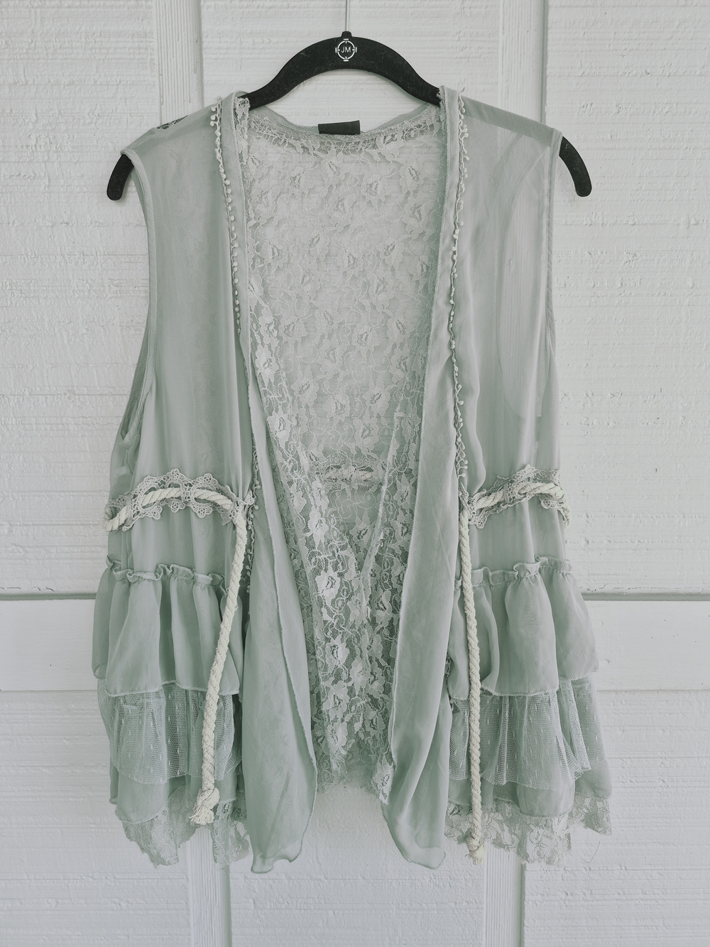 Rue 21 Sheer Lace Layered Vest in Sage Green with a Rope Tie XL Fairy Coquette